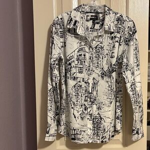 Talbots black and white Paris rendering Graphic Blouse